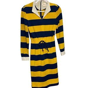 Verona Long Sleeve Knee Length Dress Women's 10 Yellow Blue Striped VTG Preppy